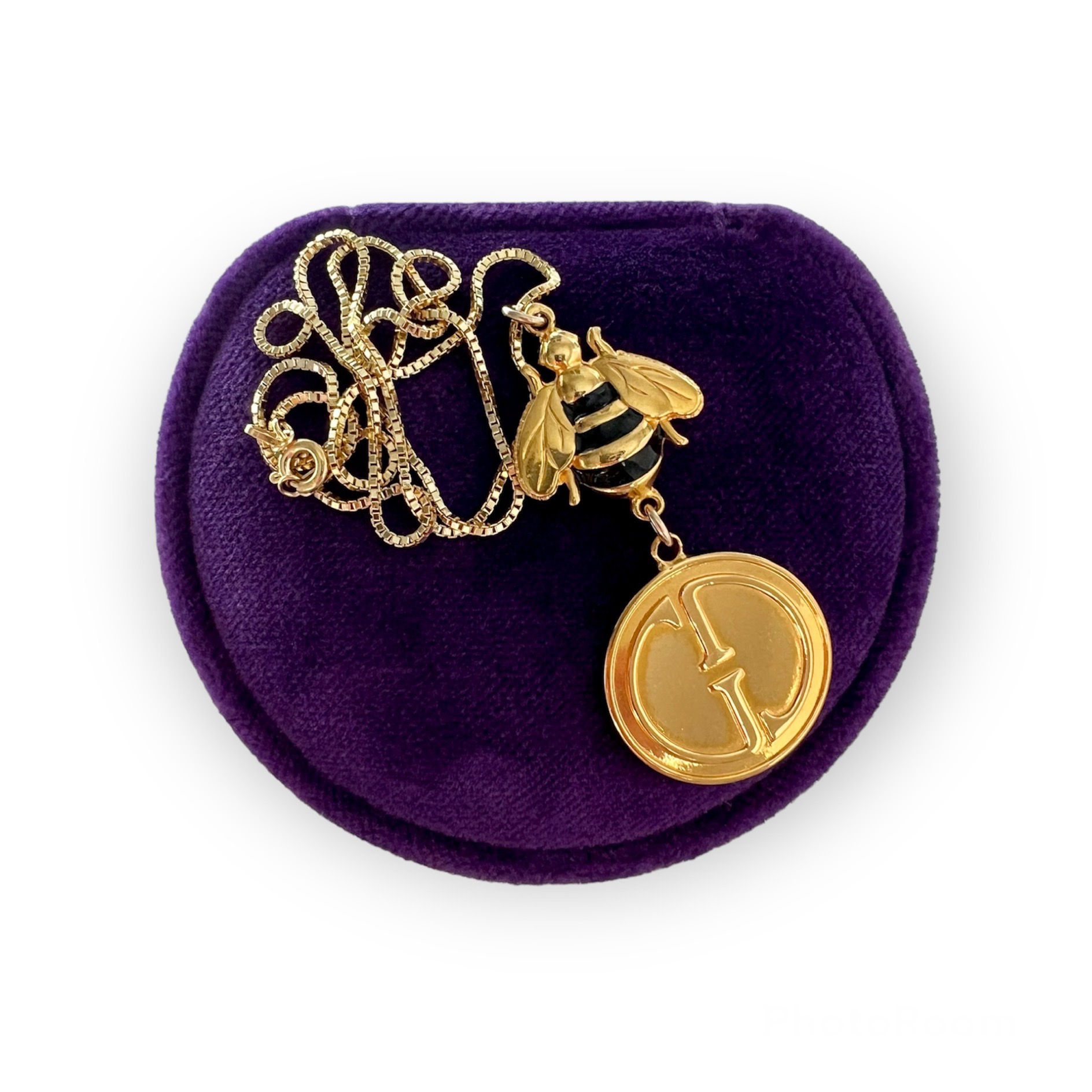 Repurposed Vintage Gold Gucci GG Charm & Vintage Bee Charm Necklace