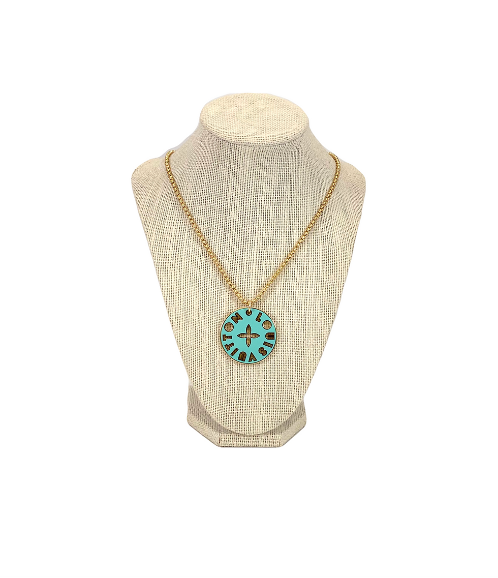 Thumbnail: Repurposed Louis Vuitton XL Aqua & Yellow Dbl Sided Enameled RARE Charm Necklace