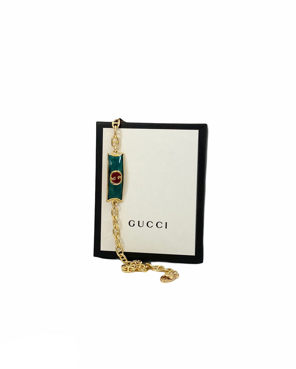 Thumbnail: Vintage 1970's Repurposed Green Enameled Gucci Plate Mariner Choker Necklace
