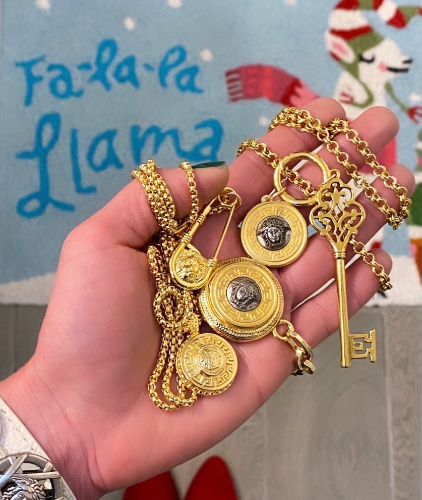 Thumbnail: Vintage Repurposed Versace Silver & Gold Medusa & Key Dbl Wrap Choker Necklace