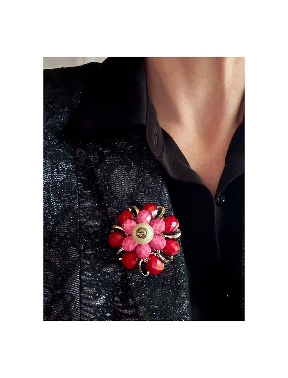 Thumbnail: Repurposed Pearl Gucci GG Vintage Red & Pink Flower Brooch Pin