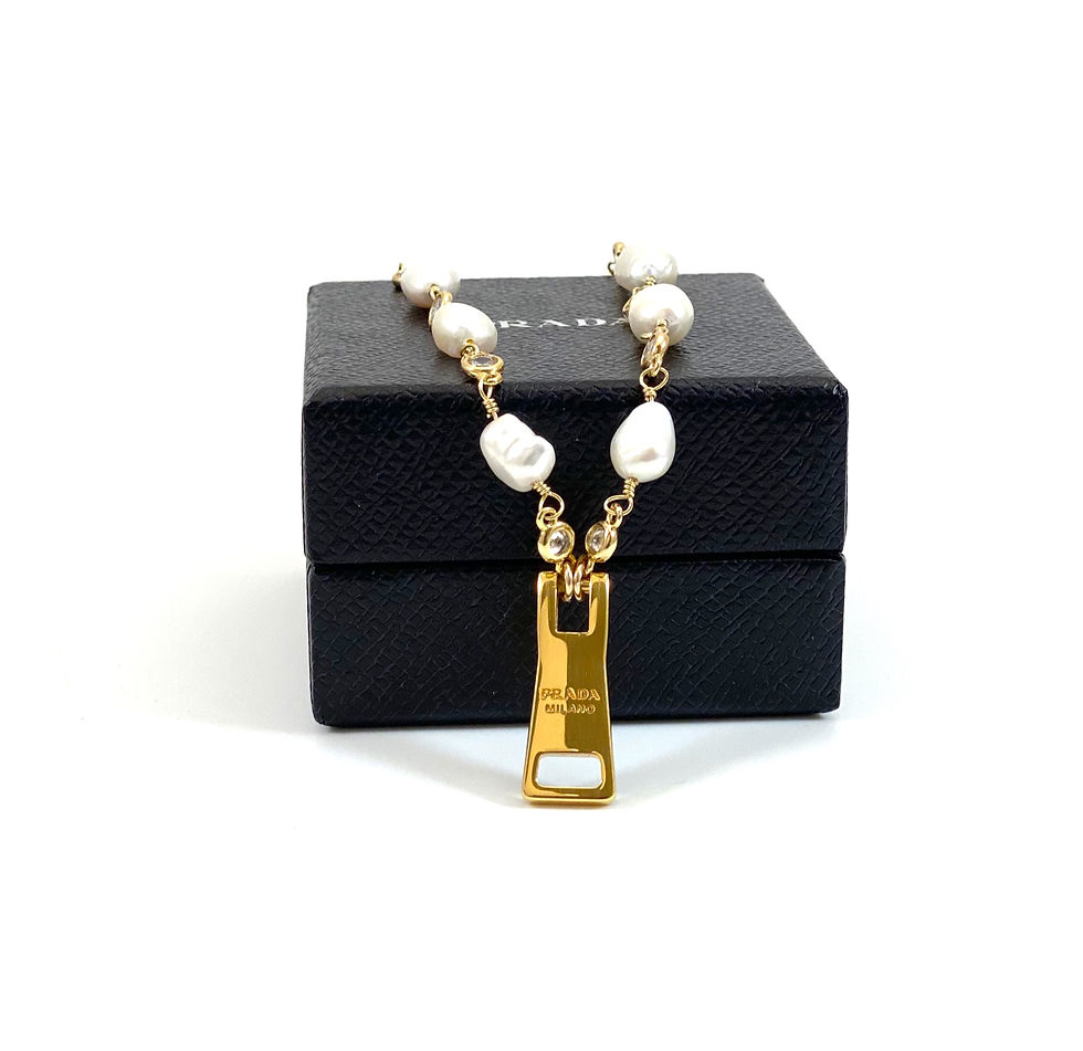 Thumbnail: Repurposed Baroque Pearl & Gold Prada Zipper Pull Charm Necklace
