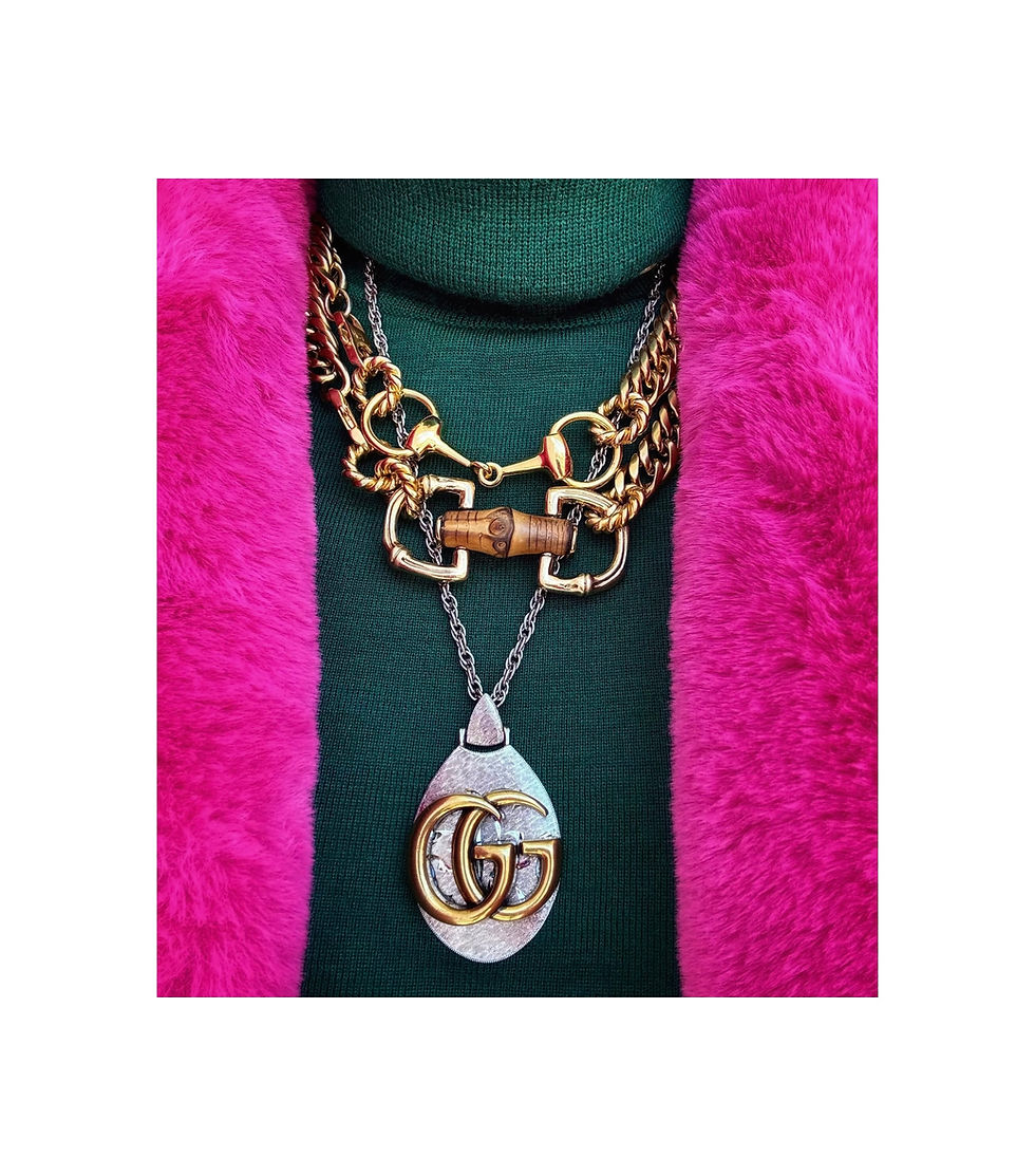 Thumbnail: Repurposed Vintage Gucci Bamboo Wood Accent Horsebit Belt Necklace