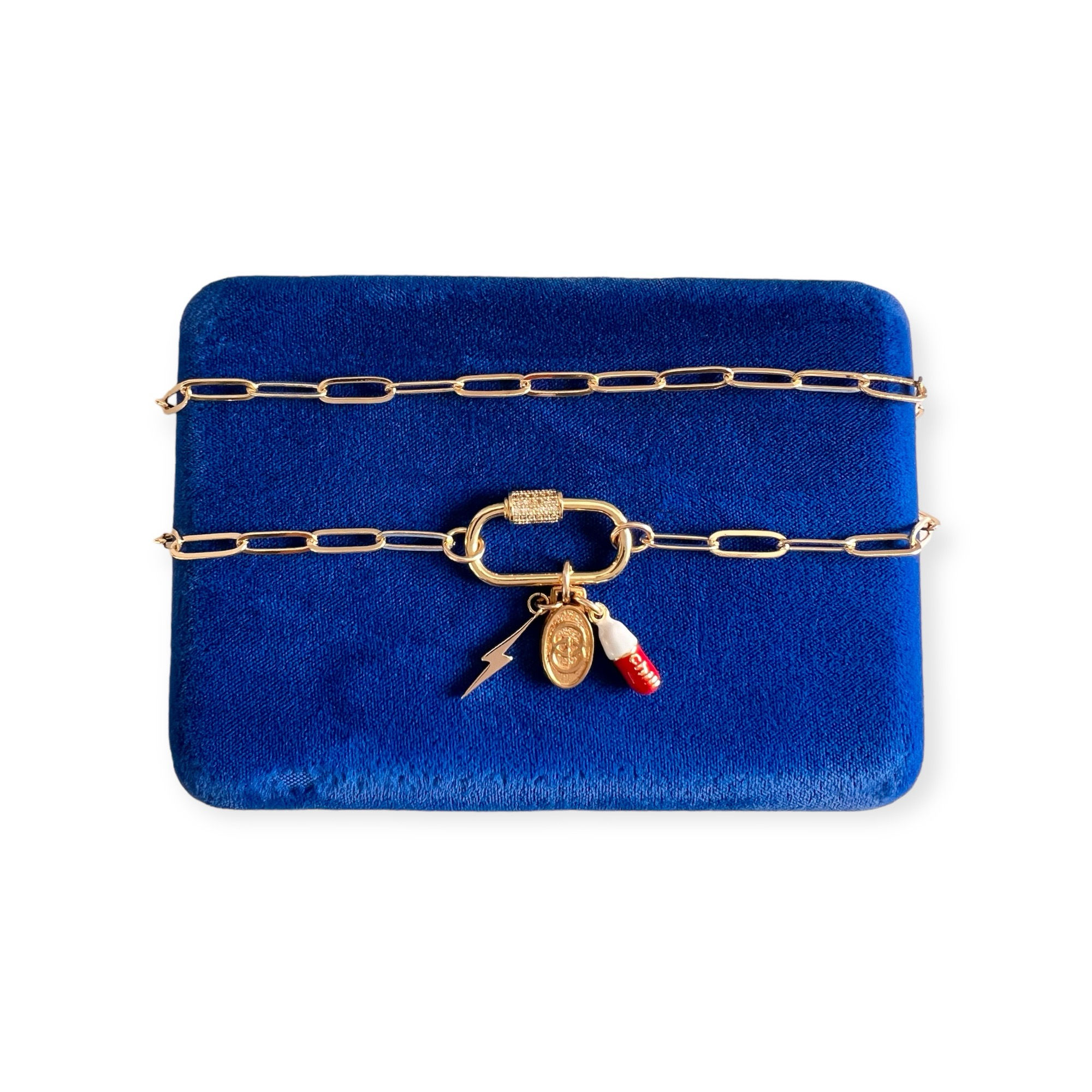 Repurposed Vintage Gucci GG Charm with "Chill Pill" & Lightning Bolt Necklace