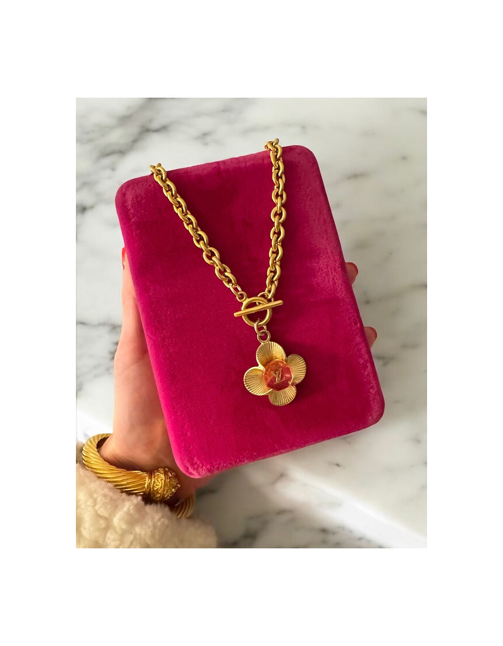 Repurposed Louis Vuitton Pink Stone VERY RARE Flower Charm Toggle Necklace