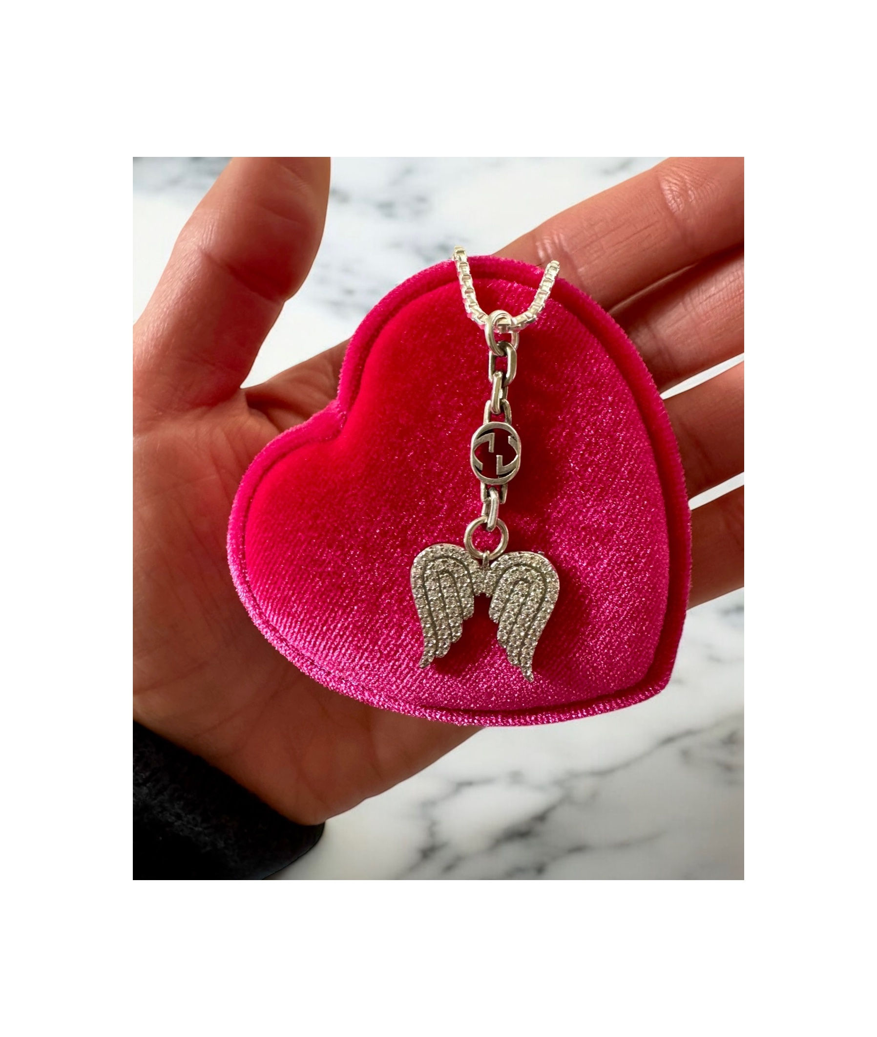 Repurposed Sterling Silver Petite Gucci GG & Angel Wings Necklace