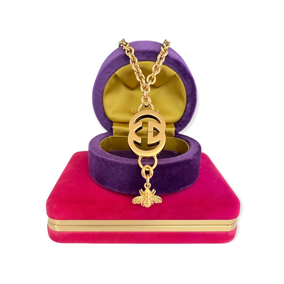 Thumbnail: Repurposed Vintage 1975 RARE Gucci HUGE Gold GG & Vintage Bee Necklace