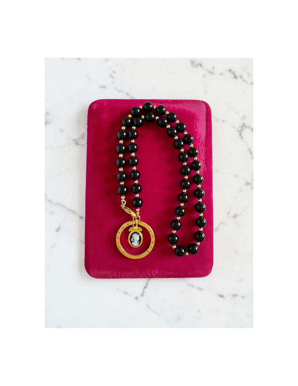 Thumbnail: Repurposed Louis Vuitton Ring Charm & Vintage Cameo & Black Bead Necklace