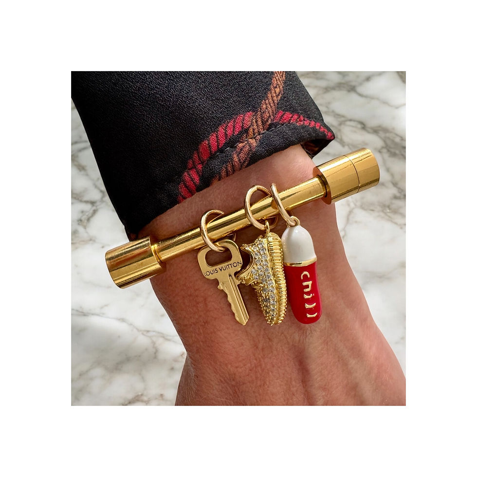 Repurposed Louis Vuitton Key, Sneaker & Chill Pill Charms Bar Bangle Bracelet