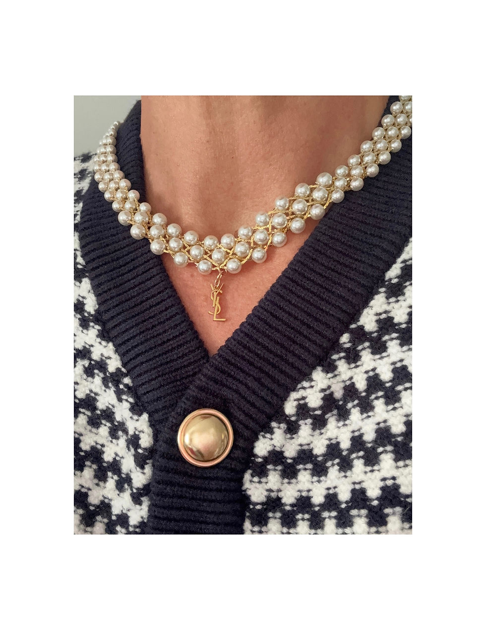 Thumbnail: Repurposed YSL Gold Logo Charm & Vintage 1980's Woven Pearl Choker Necklace