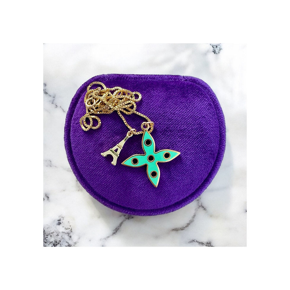 Thumbnail: Repurposed Louis Vuitton Large Pink & Aqua Enamel Flower & Eiffel Tower Necklace