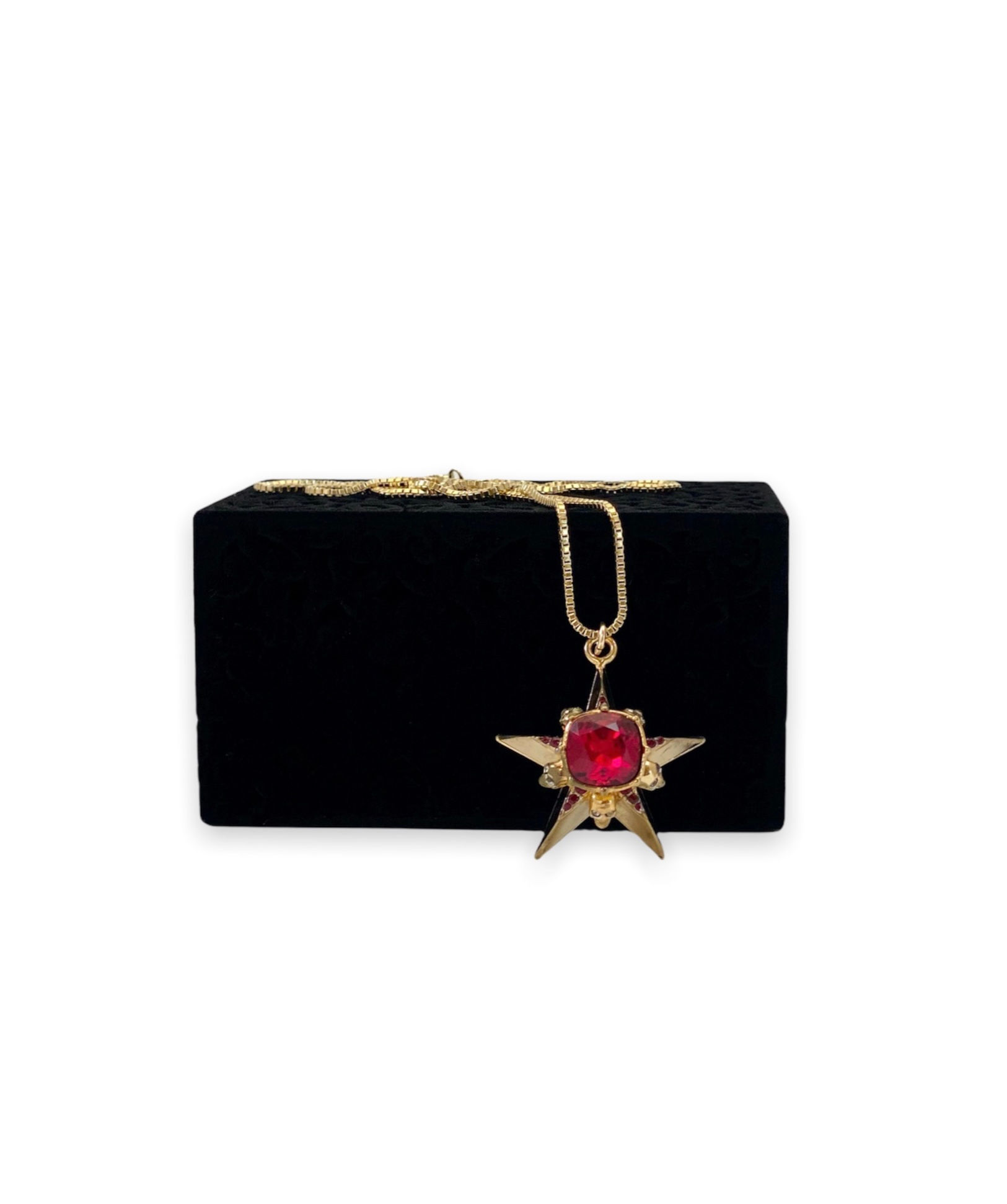 Repurposed Alexander McQueen Red Crystal Skulls Star Pendant Necklace