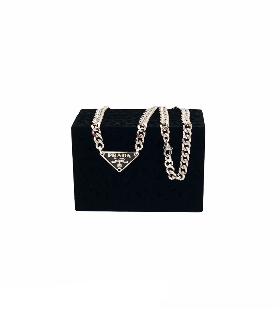 Thumbnail: Repurposed Black & Silver Prada Triangle Tag Choker Necklace