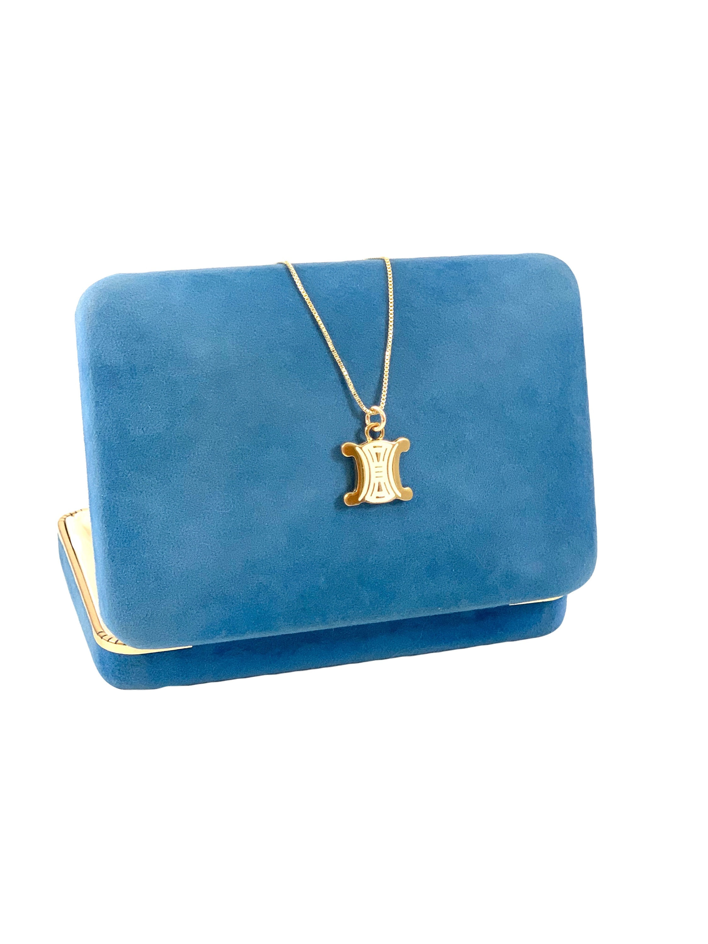 Repurposed Vintage Gold & Cream Enamel Celine Logo Charm Necklace