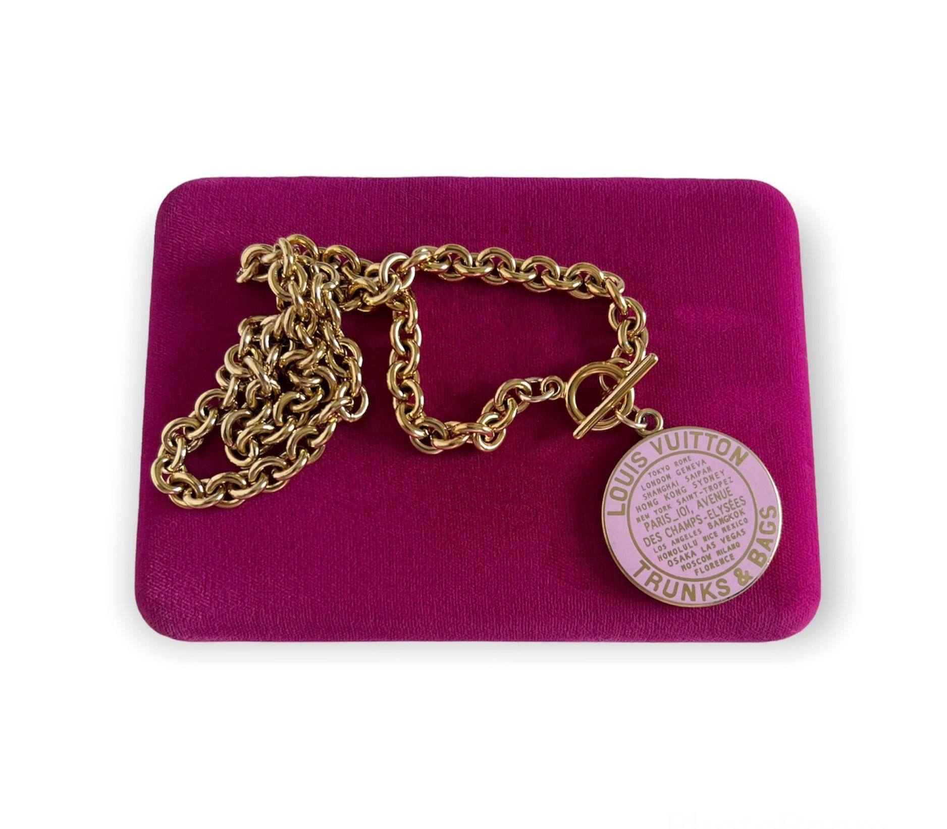 Repurposed Louis Vuitton XL Pink Enameled Very Rare Globe Charm Toggle Necklace