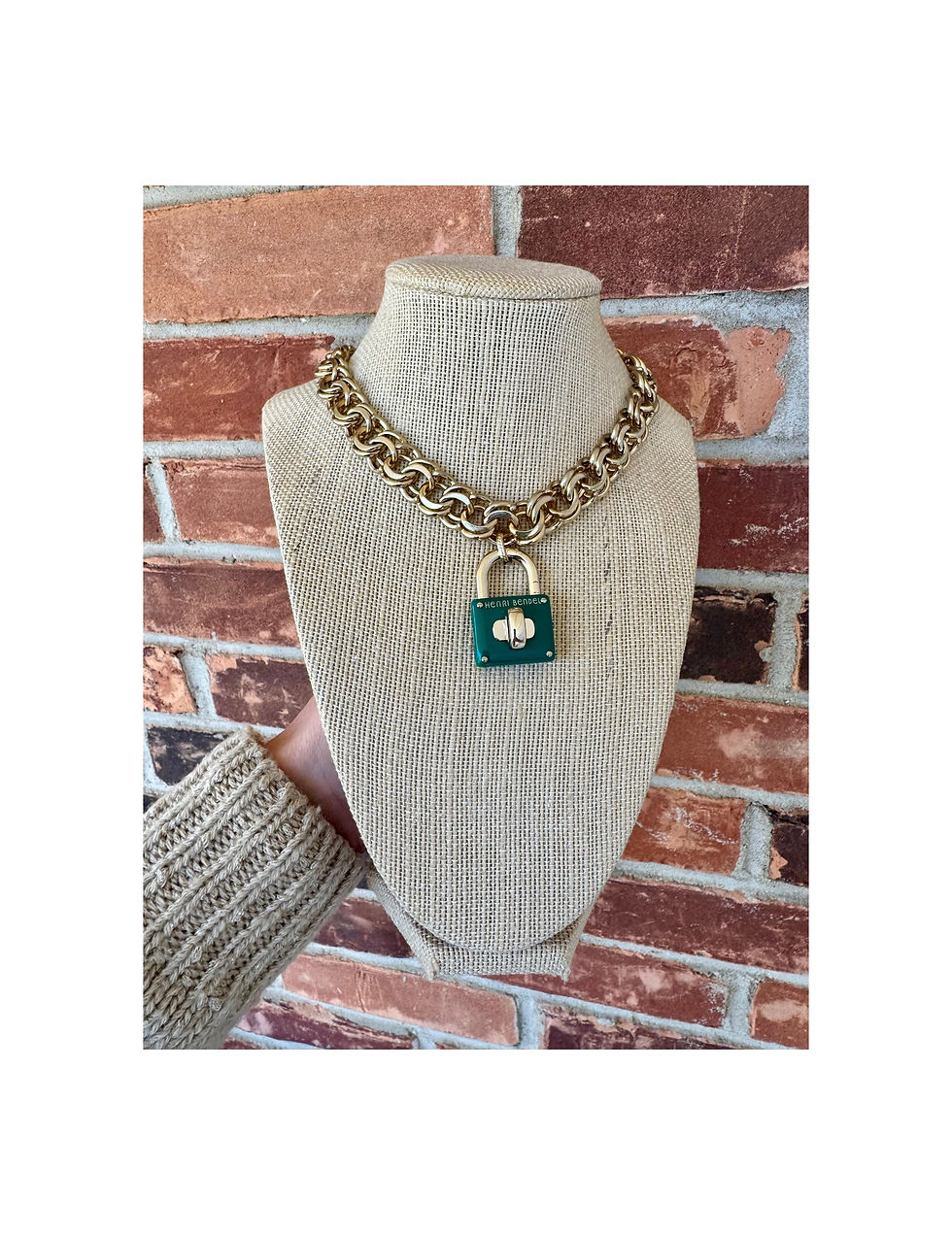 Thumbnail: Repurposed Henri Bendel Teal Dark Green Padlock Charm Choker Necklace