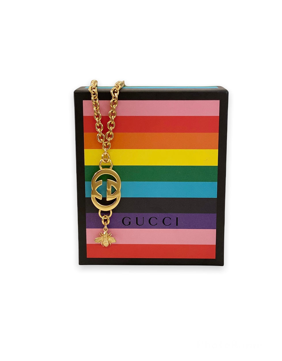 Thumbnail: Repurposed Vintage 1975 RARE Gucci HUGE Gold GG & Vintage Bee Necklace