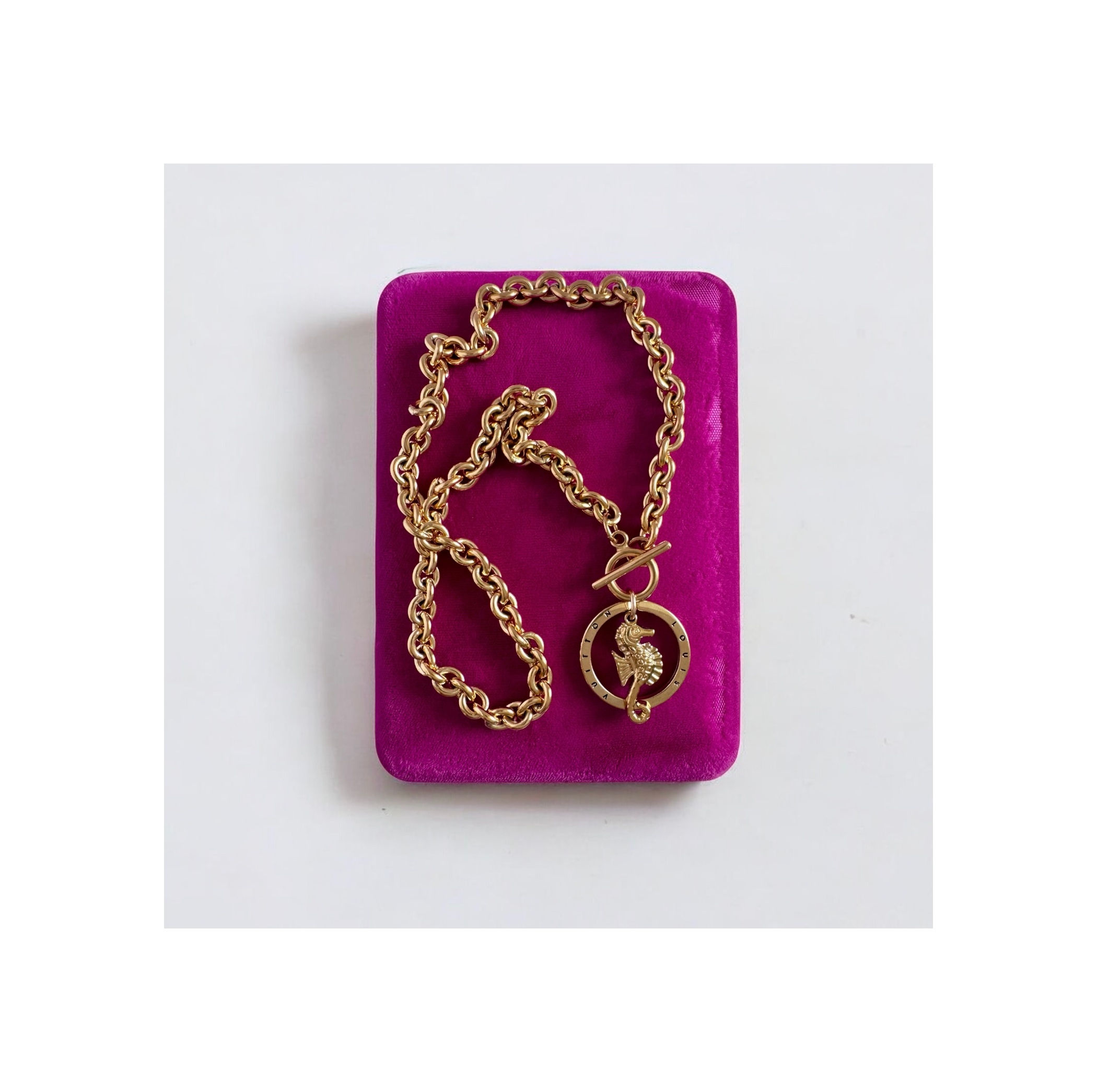 Repurposed Louis Vuitton Large Gold Ring & Seahorse Charm Toggle Necklace