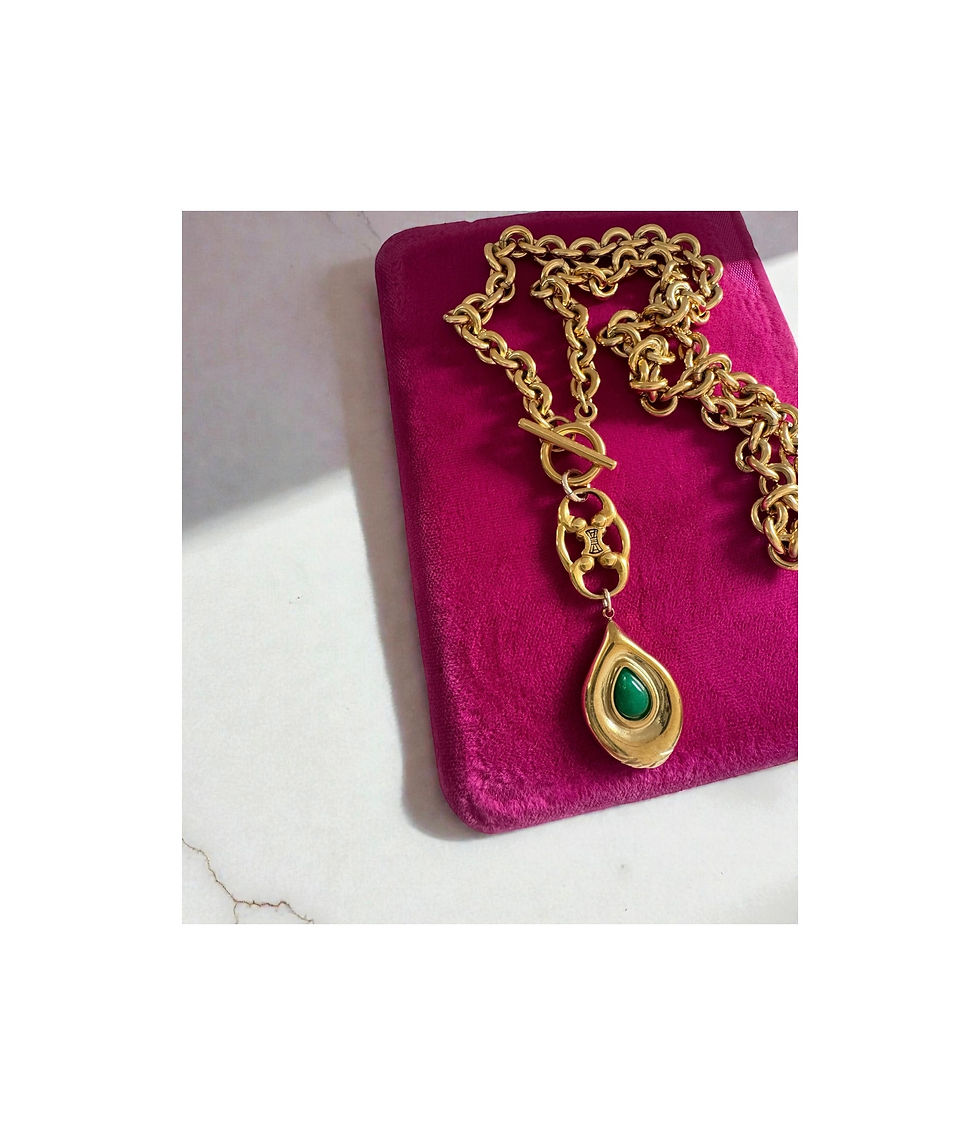 Thumbnail: Repurposed Vintage Gold Celine Triomphe Logo & Green Stone Charm Necklace