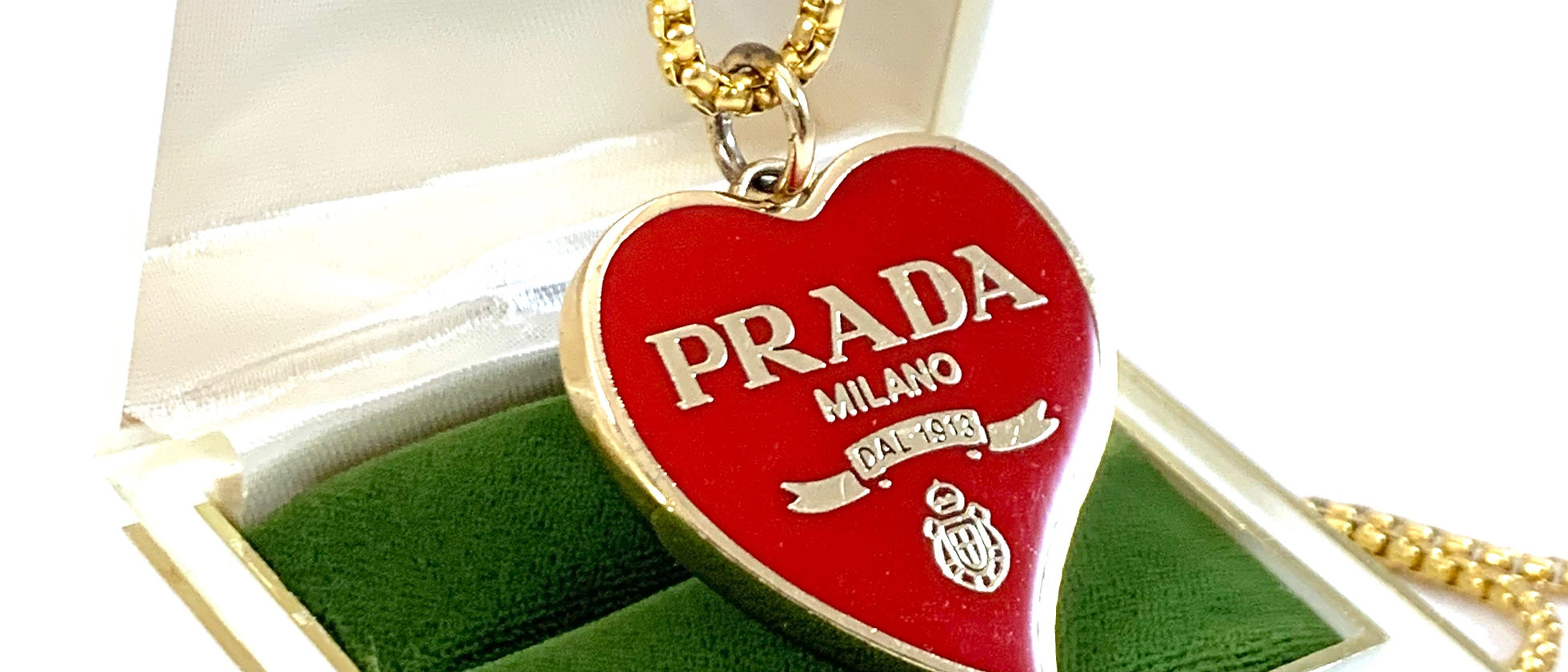 Repurposed HUGE Gold & Red Enameled Prada Heart Charm Necklace | HJV V2