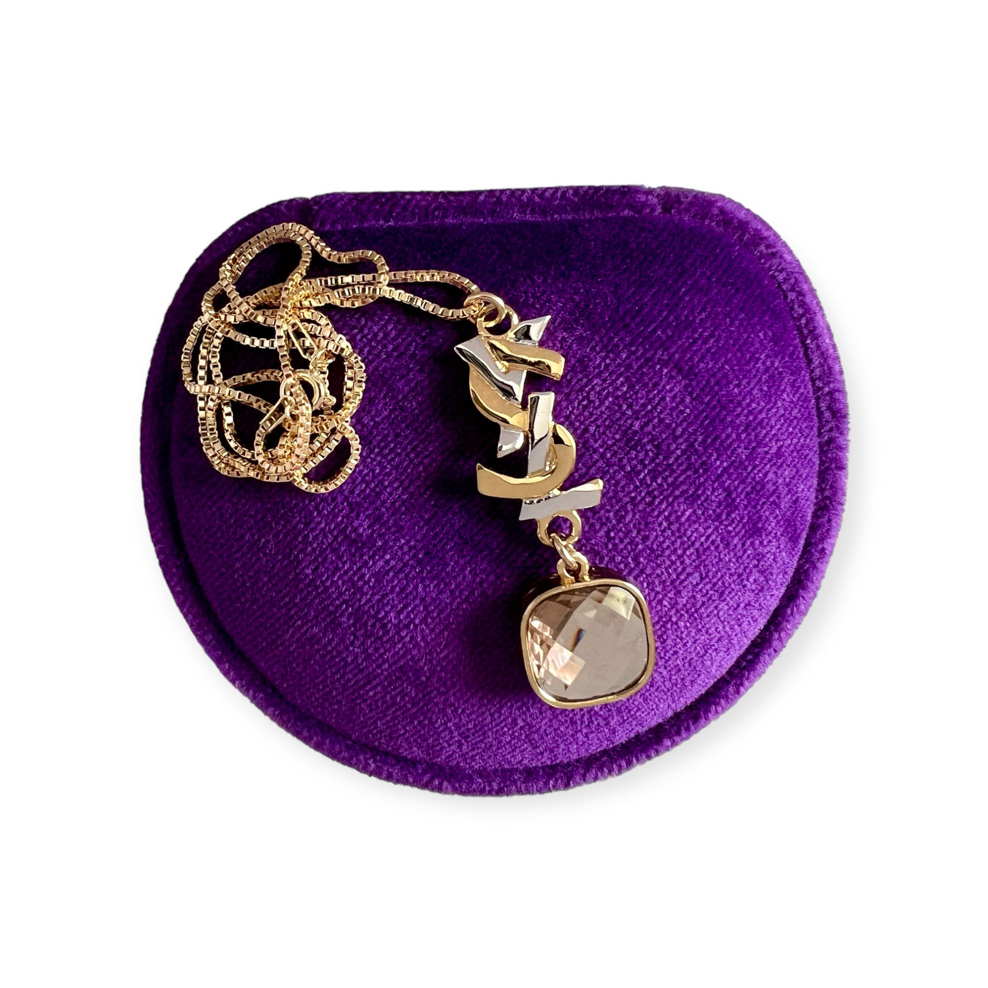 Repurposed YSL Mixed Metals Logo & Swarovski Crystal Charm Necklace