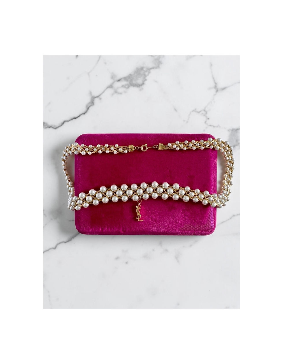 Thumbnail: Repurposed YSL Gold Logo Charm & Vintage 1980's Woven Pearl Choker Necklace