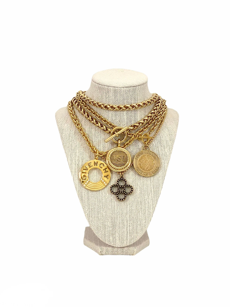 Thumbnail: Repurposed Louis Vuitton Antiqued Gold Studded Flower Charm Necklace