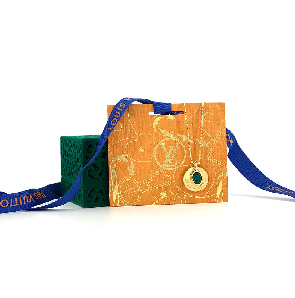 Thumbnail: Repurposed Louis Vuitton Medium Disc Coin & Emerald Colored Stone Charm Necklace