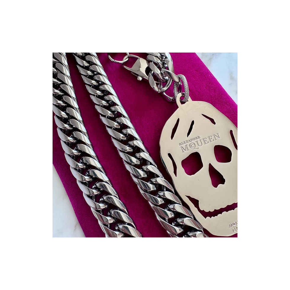 Thumbnail: Repurposed XXL Alexander McQueen Pale Pink Silver RARE Cut Out Skull Necklace