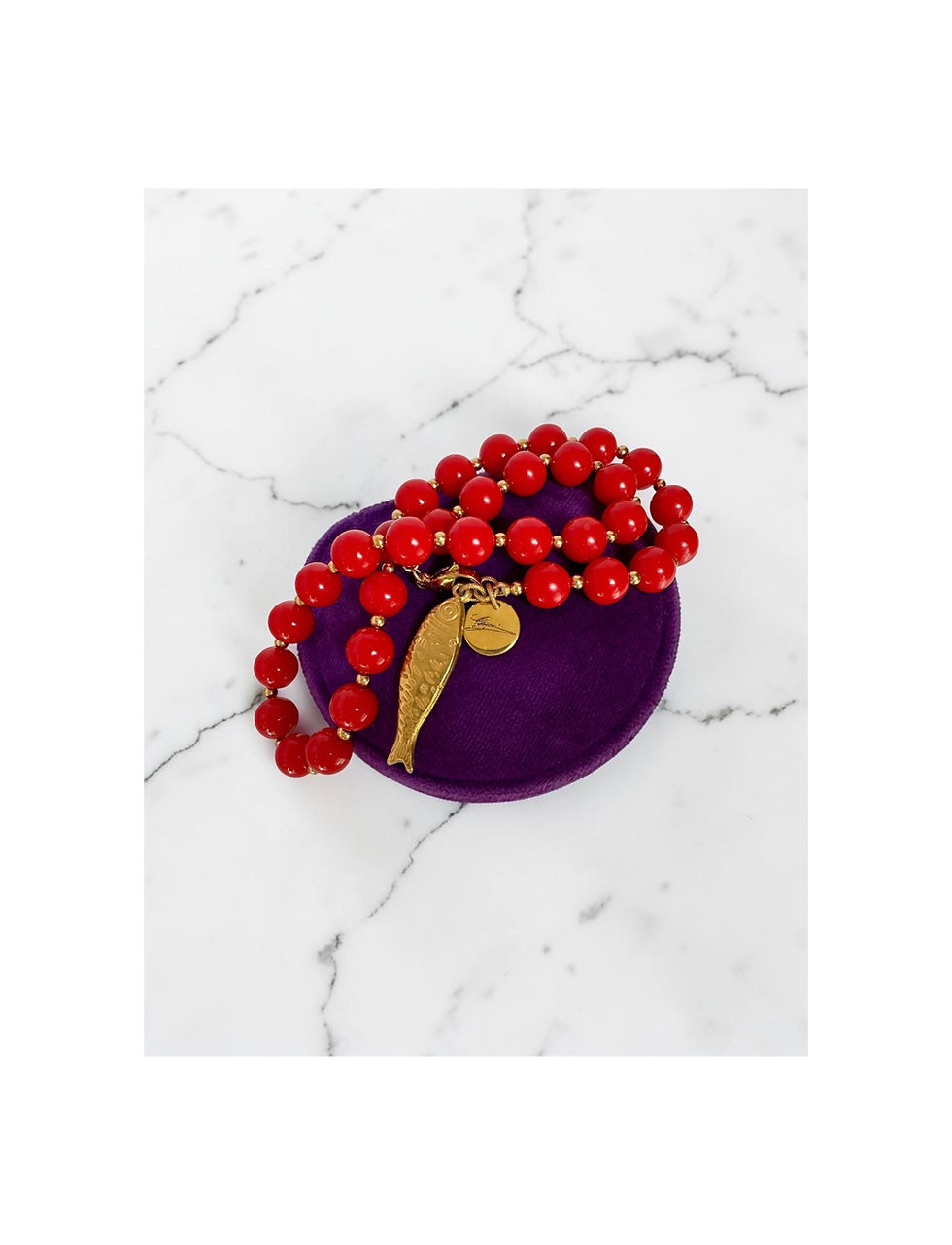 Thumbnail: Repurposed Petite Script Gucci & Fish Vintage Red Lucite Necklace