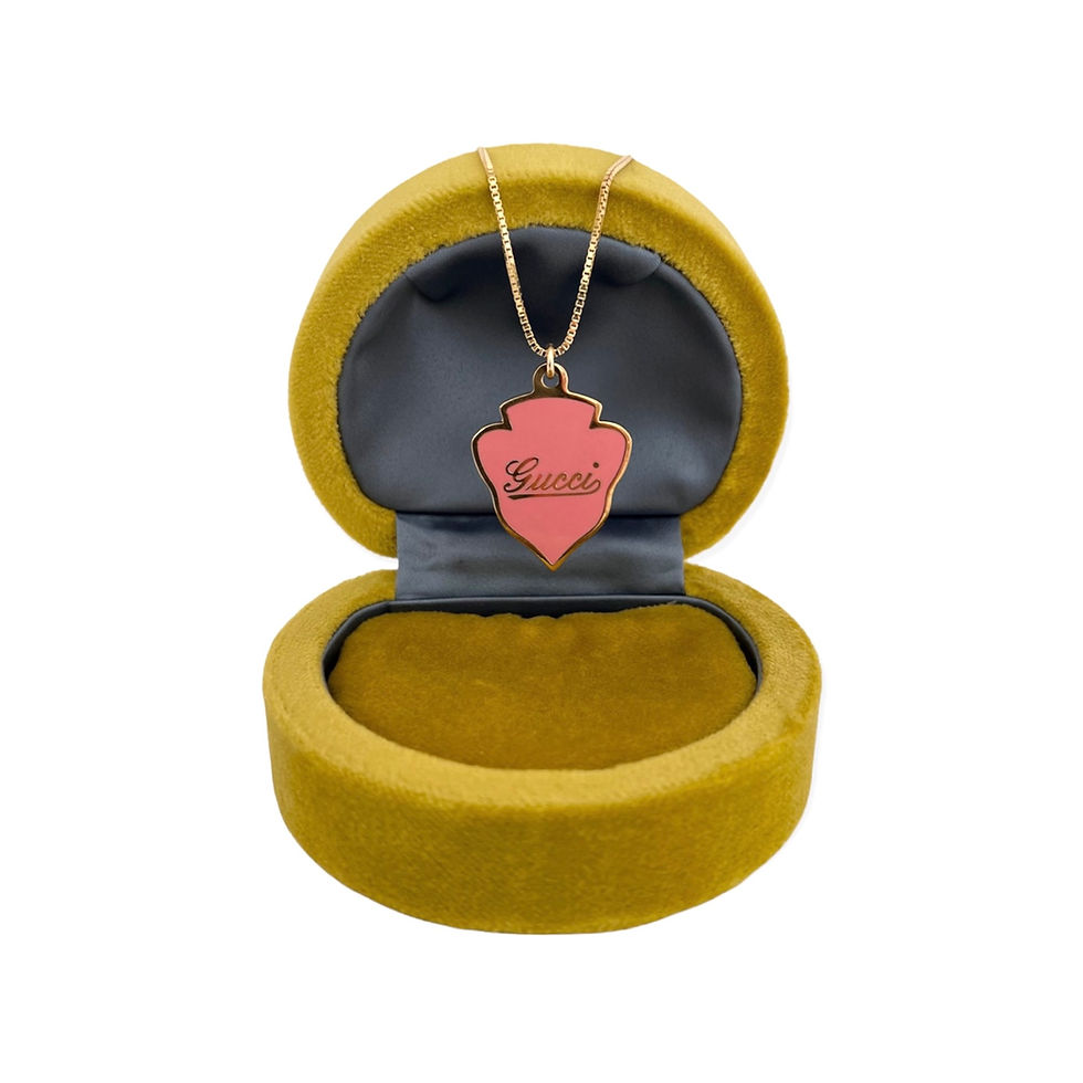 Thumbnail: Repurposed Gucci Cursive Pink Enamel & Gold Charm Necklace