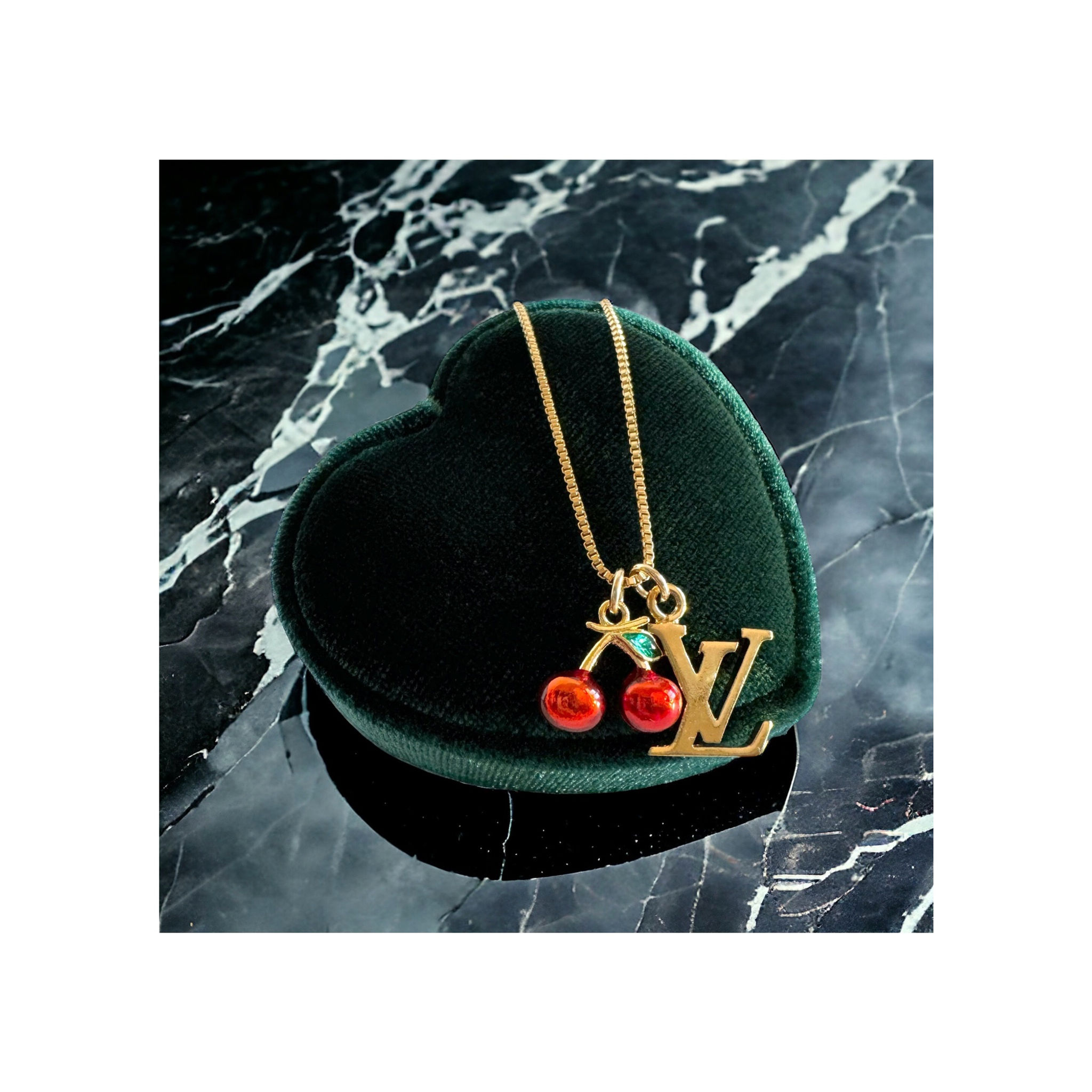 Repurposed Louis Vuitton LV Monogram & Removable Cherries Charm Necklace