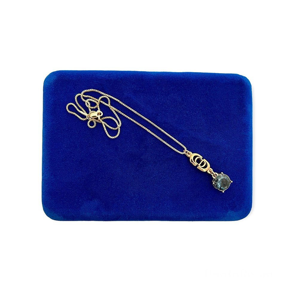 Thumbnail: Repurposed Gold Dior CD & Slate Blue/Grey Swarovski Crystal Charm Necklace