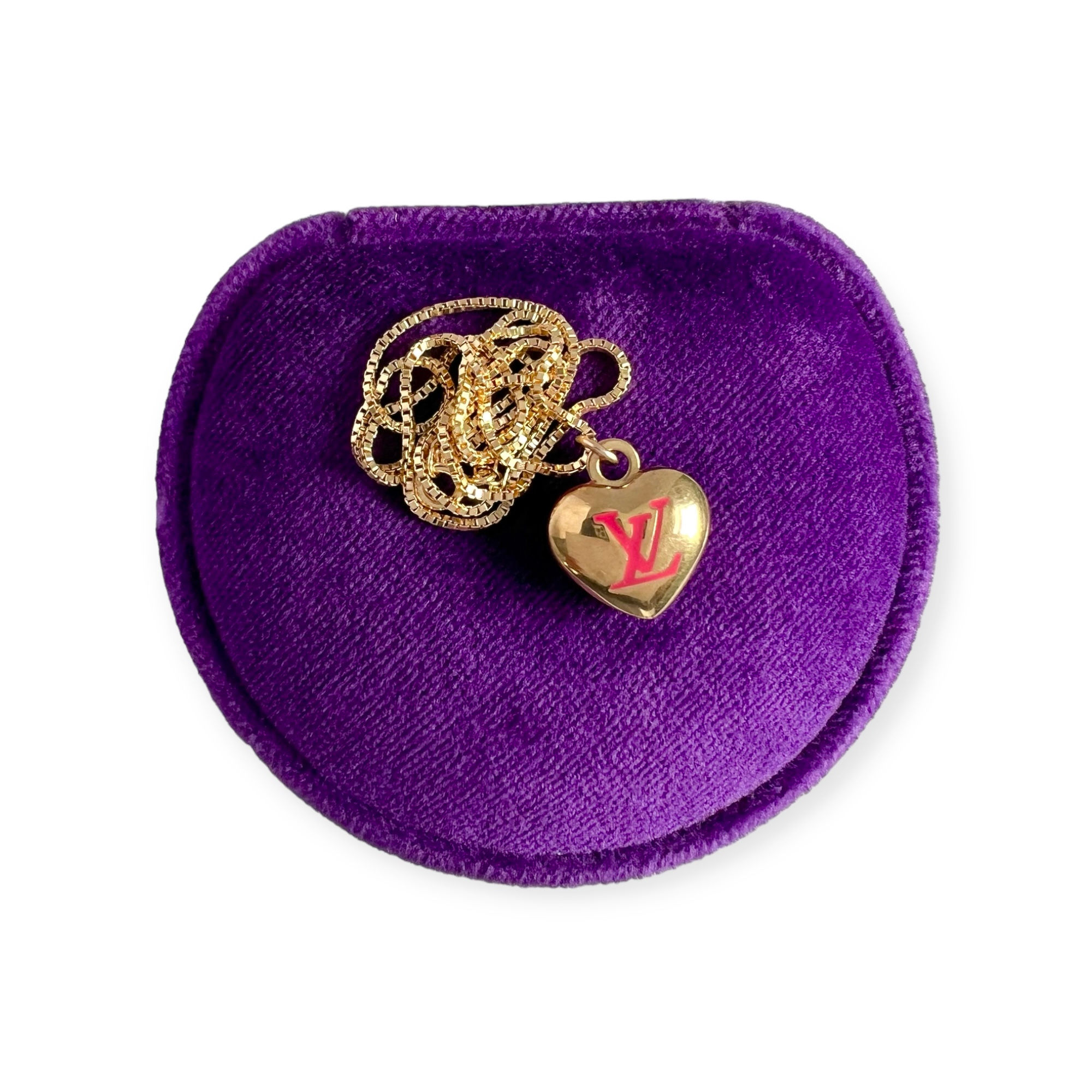 Repurposed Louis Vuitton Small Gold & Pink LV Puffed Heart Charm Necklace