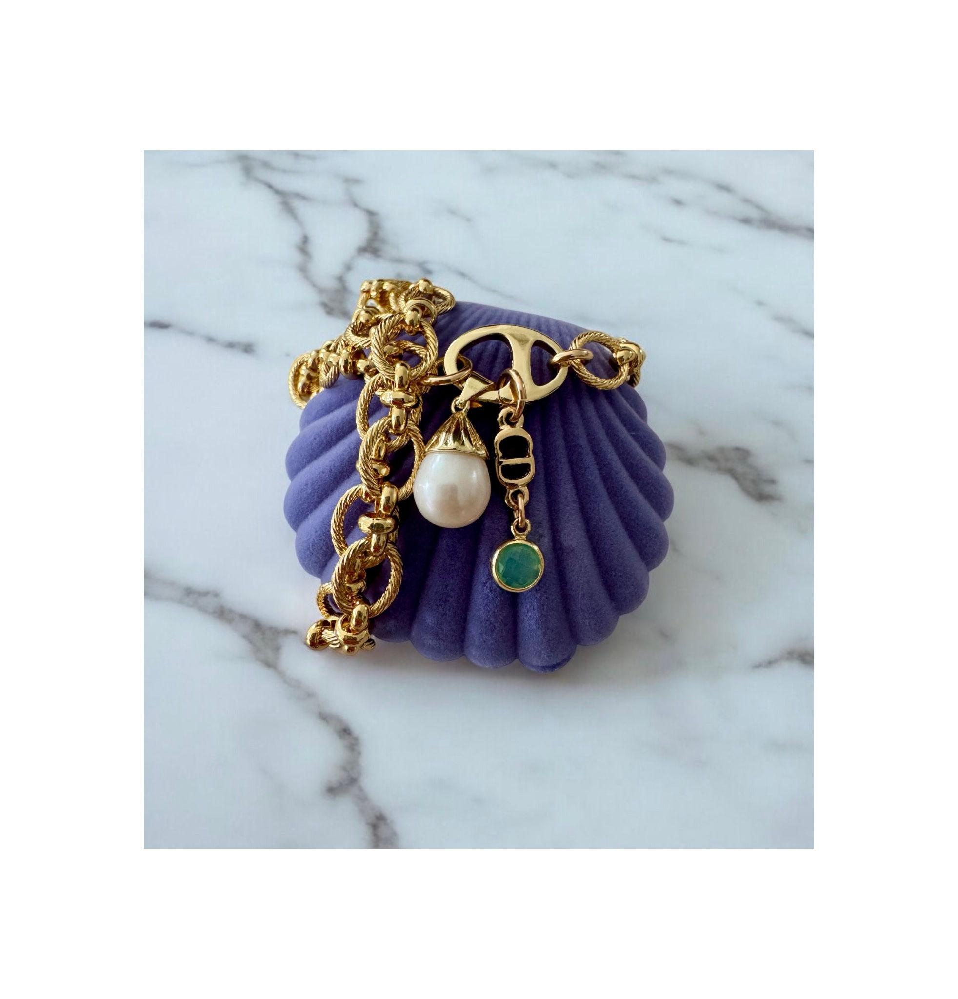 Repurposed Gold Dior CD Link & Aqua CZ Drop Necklace