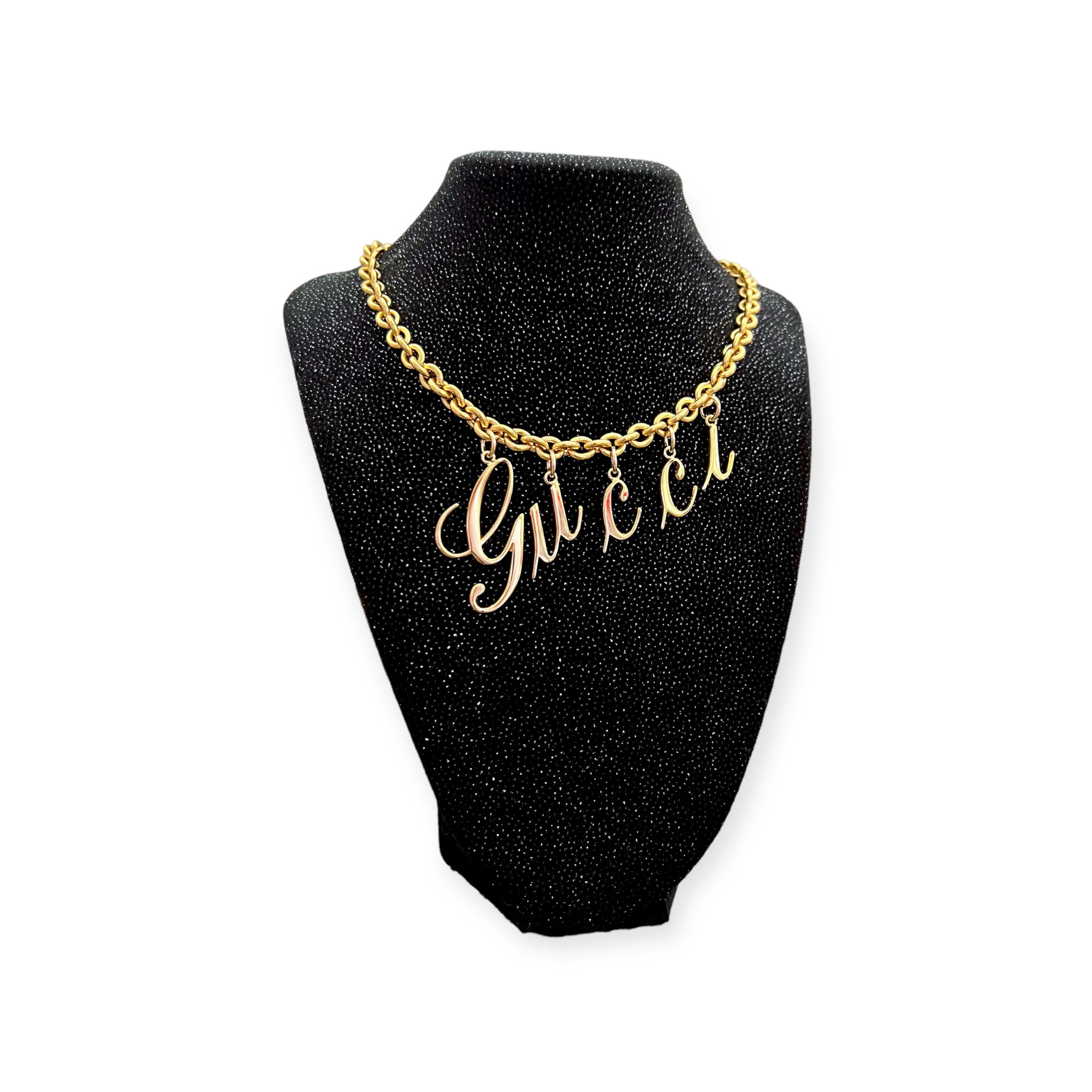 Repurposed Vintage RARE Gucci Gold Floating Cursive Script Necklace w/Box & Bag
