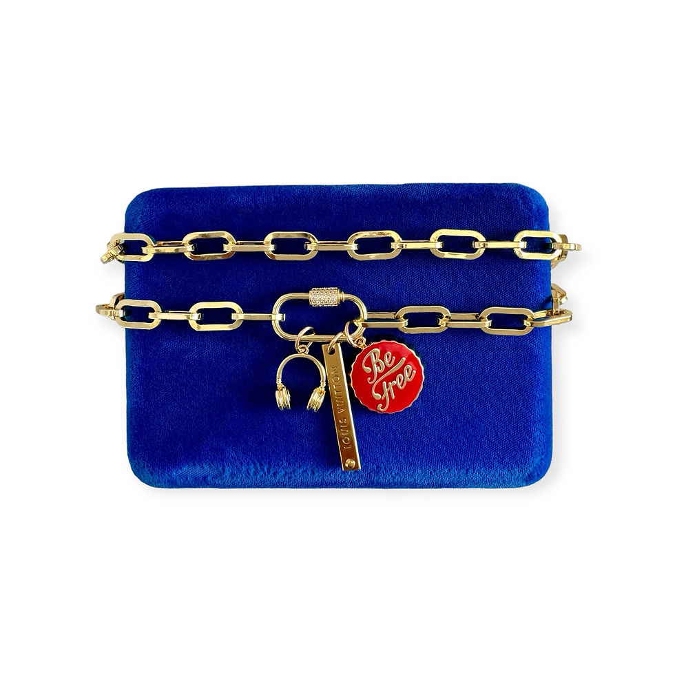 Thumbnail: Repurposed Louis Vuitton Gold Bar W/Removable Headphones, Be Free Charm Necklace