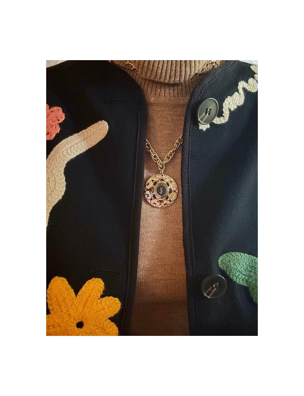 Thumbnail: Repurposed YSL Black & Gold XL Filigree Pendant Dbl Wrap Necklace
