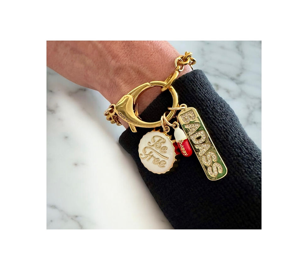 Thumbnail: Repurposed Vuitton Carabiner & Removable Happy Pill/Be Free/Badass Bracelet