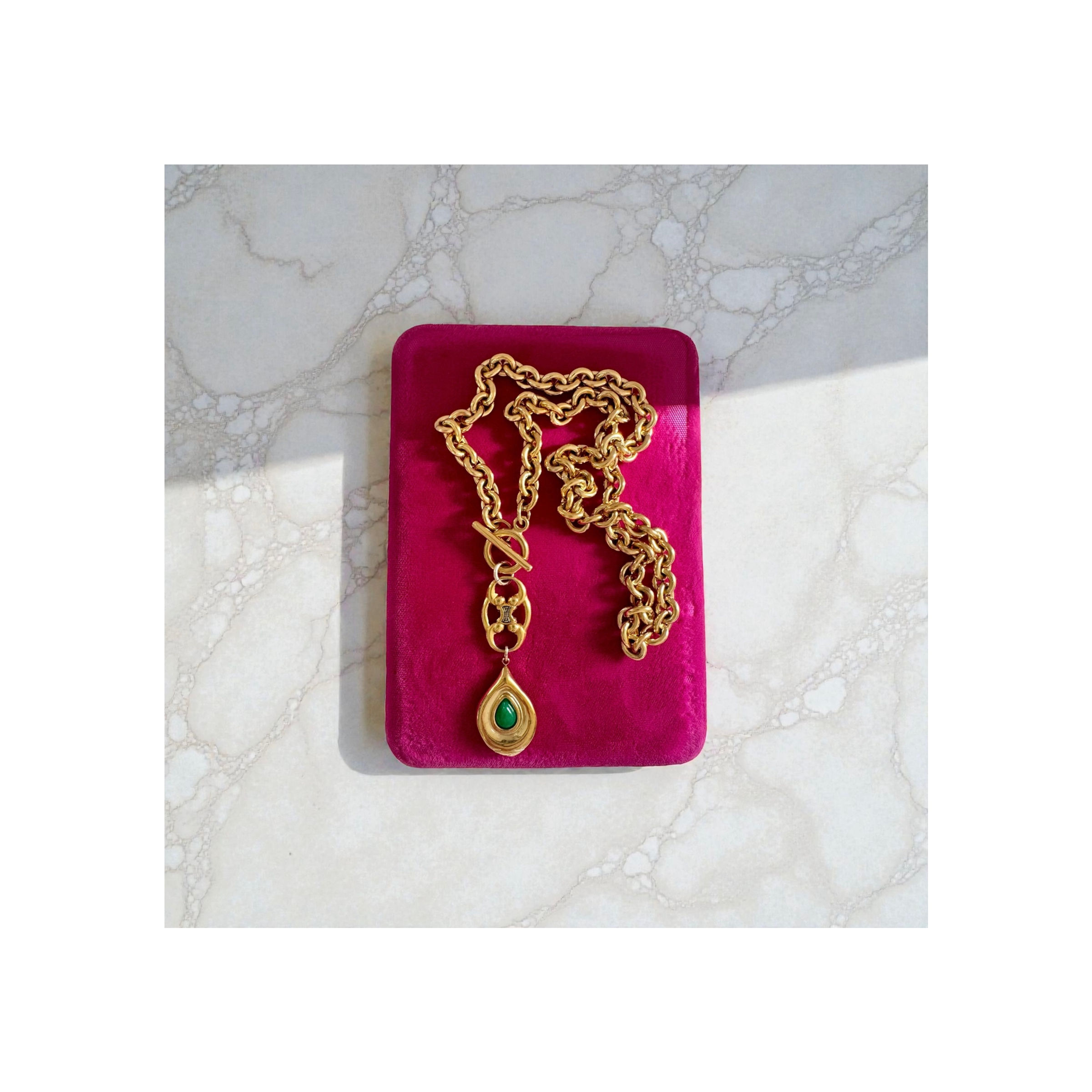 Repurposed Vintage Gold Celine Triomphe Logo & Green Stone Charm Necklace