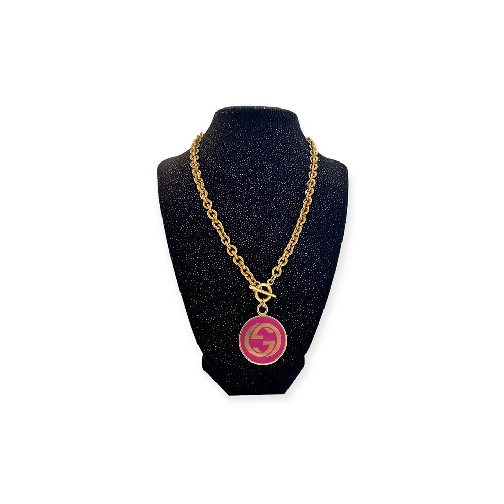 Thumbnail: Repurposed Vintage Gucci RARE Hot Pink & Gold XL Toggle Charm Necklace With Box