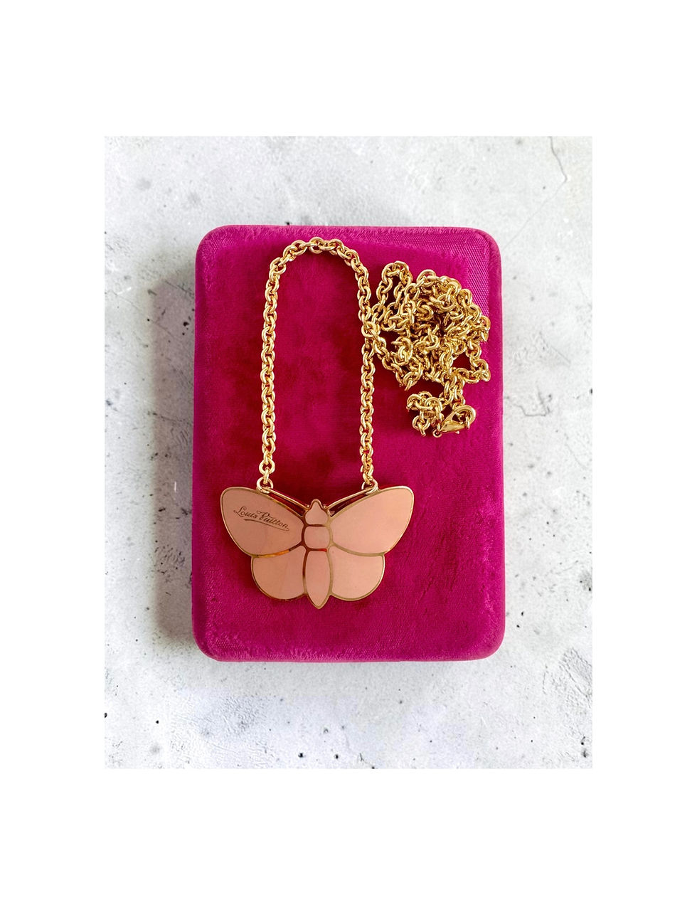 Thumbnail: Repurposed Louis Vuitton Gold & Pink Enamel Butterfly Pendant Choker Necklace