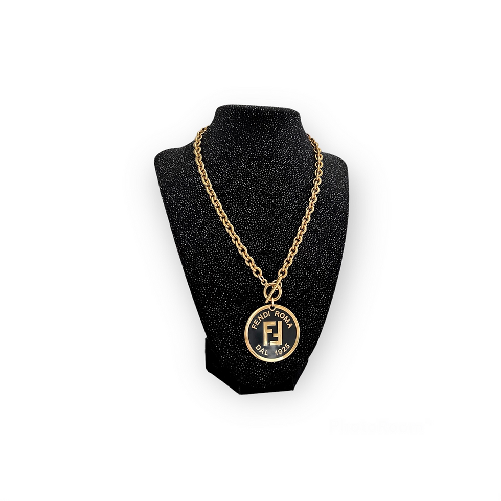 Thumbnail: Repurposed Fendi Logo HUGE Black & Gold Very RARE Charm Toggle Necklace