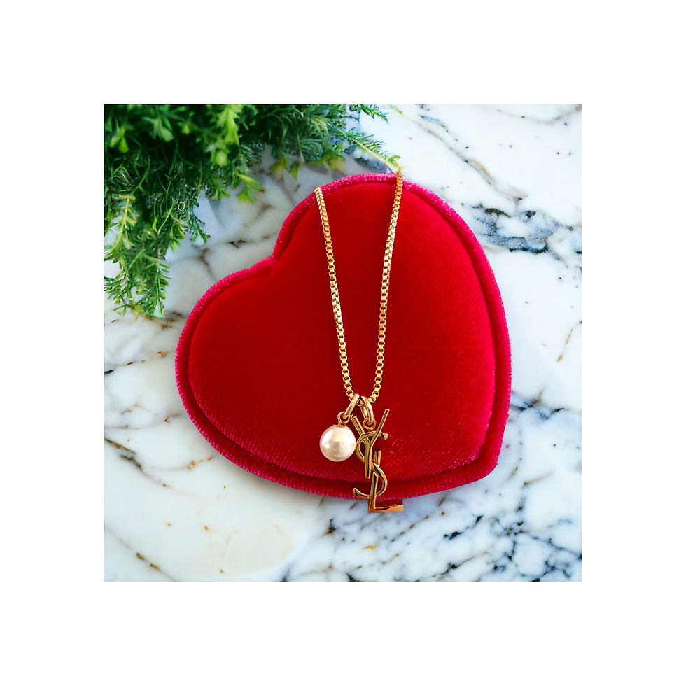 Thumbnail: Repurposed Gold YSL Logo Pearl Accent Charm Necklace