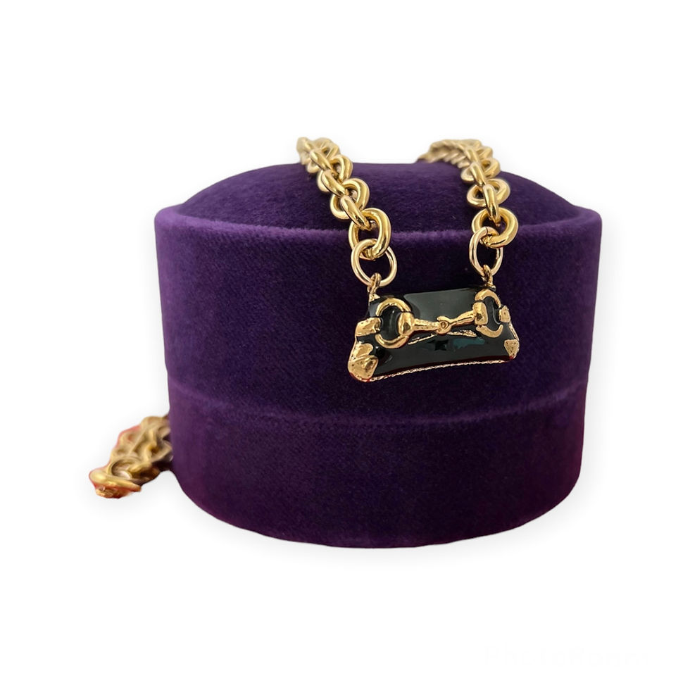 Thumbnail: Repurposed Gucci Black Enamel & Gold Horsebit Clutch Purse Necklace