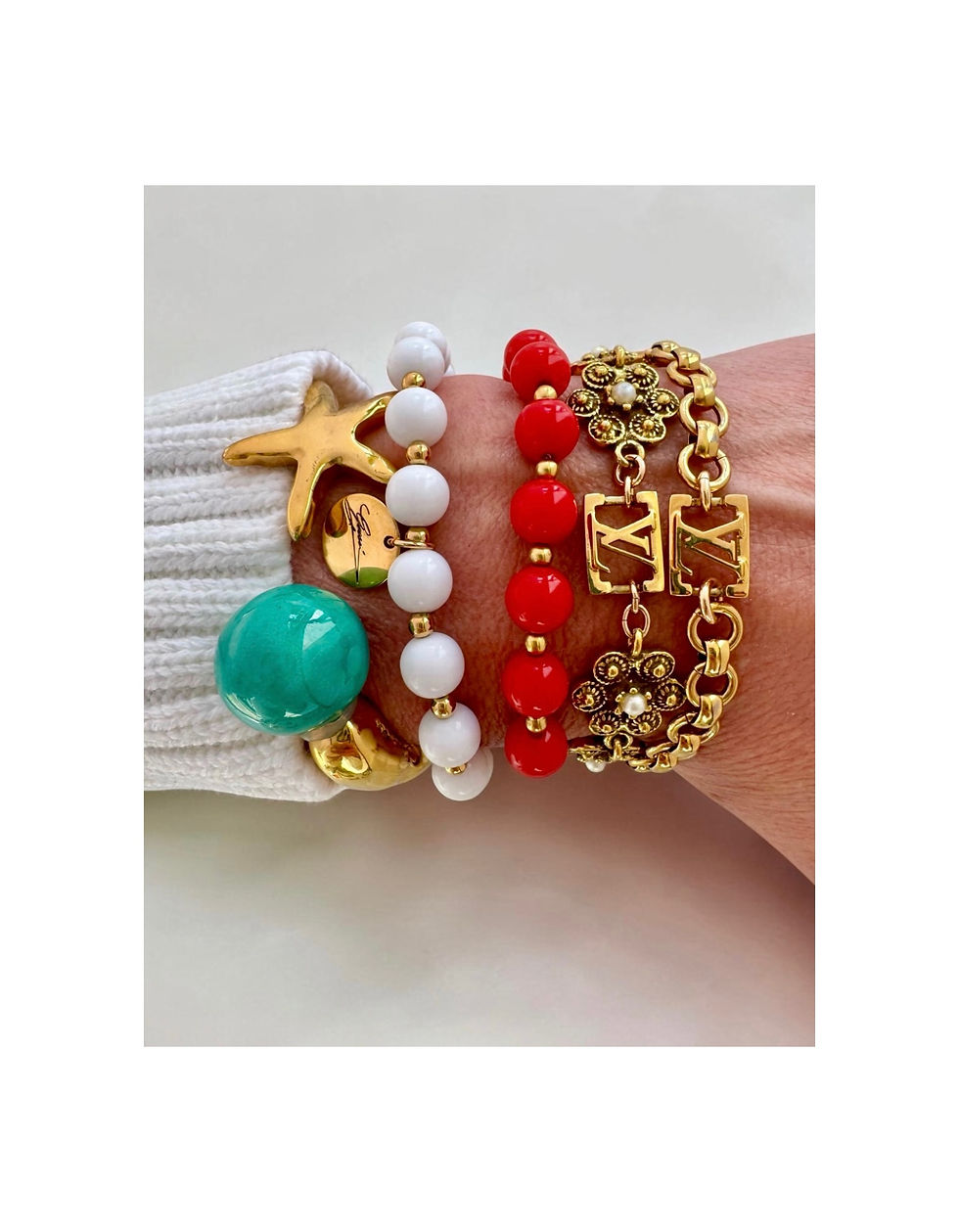 Thumbnail: Repurposed Petite Script Gucci Charm Vintage Red Lucite Bead Bracelet