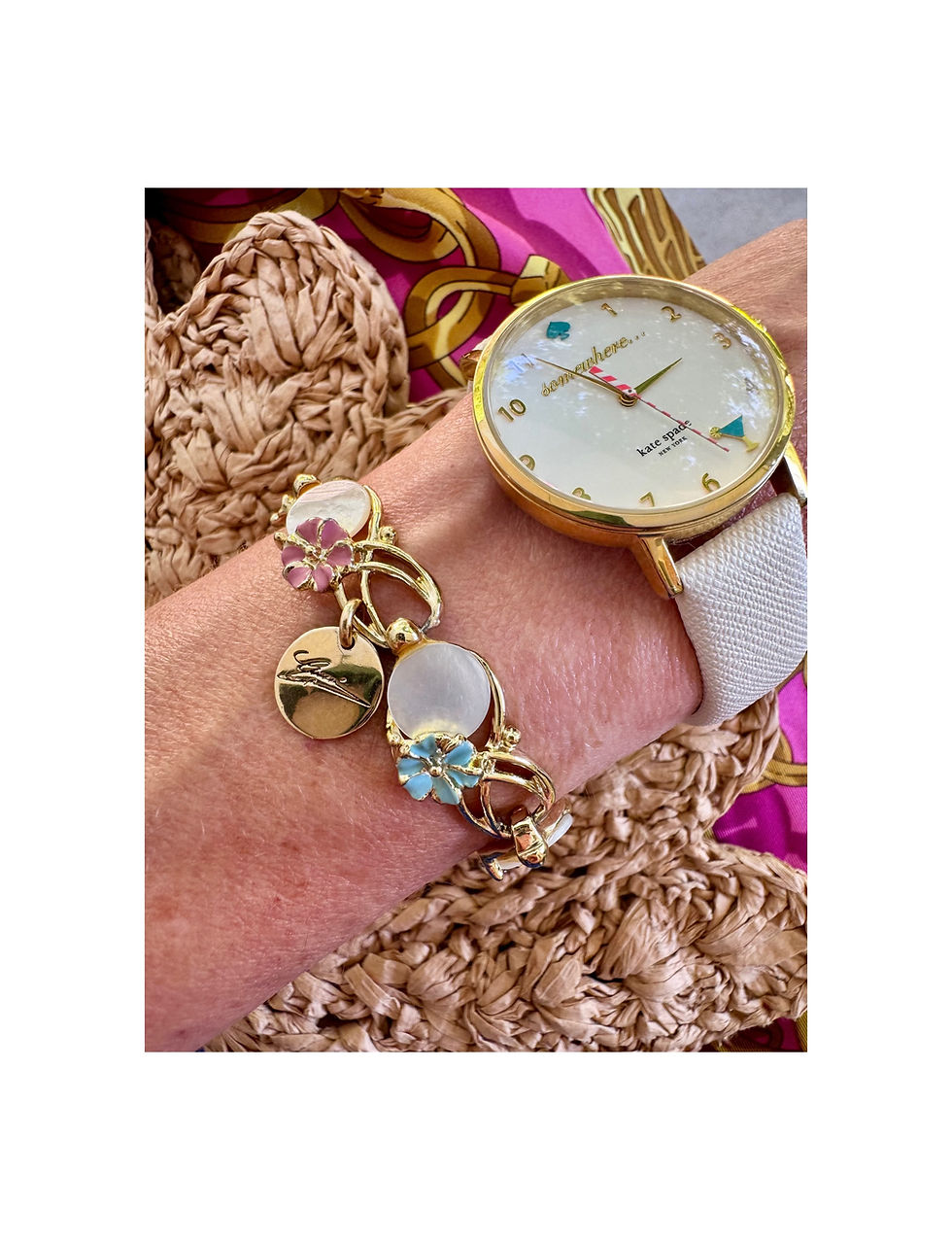 Thumbnail: Repurposed Petite Script Gucci Charm Vintage Pastel Enamel Flower Bracelet