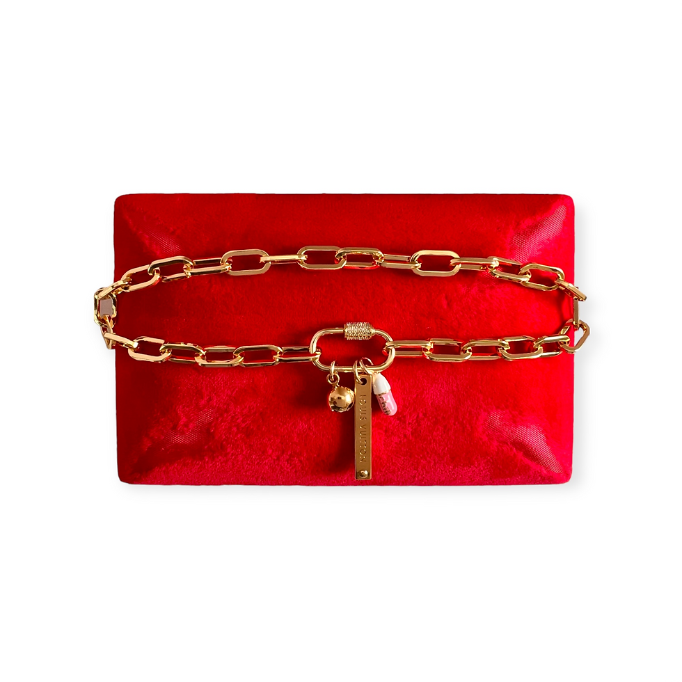 Thumbnail: Repurposed Louis Vuitton Gold Bar W/Removable "Chill Pill" & Bell Necklace