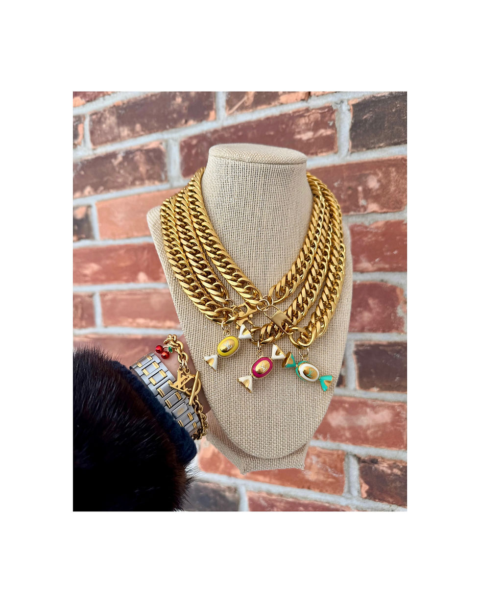 Thumbnail: Repurposed Louis Vuitton Aqua Blue & Gold Enamel RARE Candy Charm Necklace