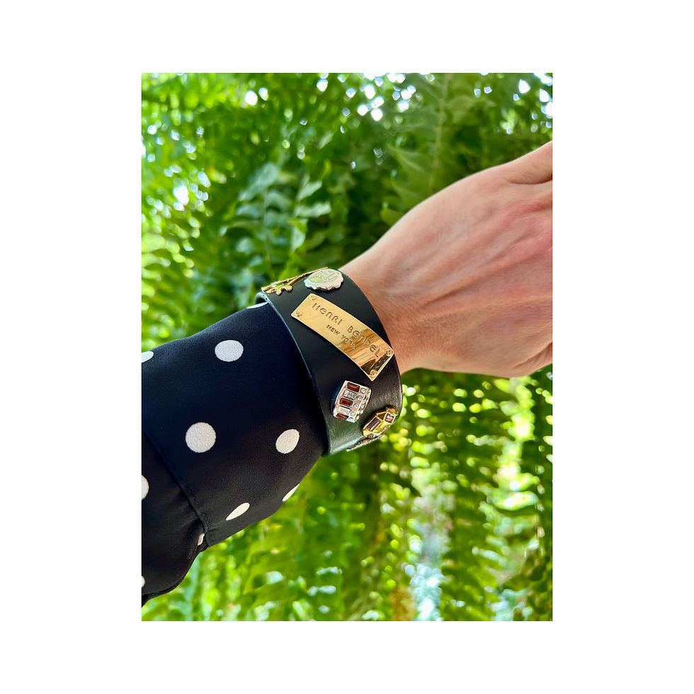 Thumbnail: Very RARE Henri Bendel Swarovski Iconic Logos Black Leather Bracelet